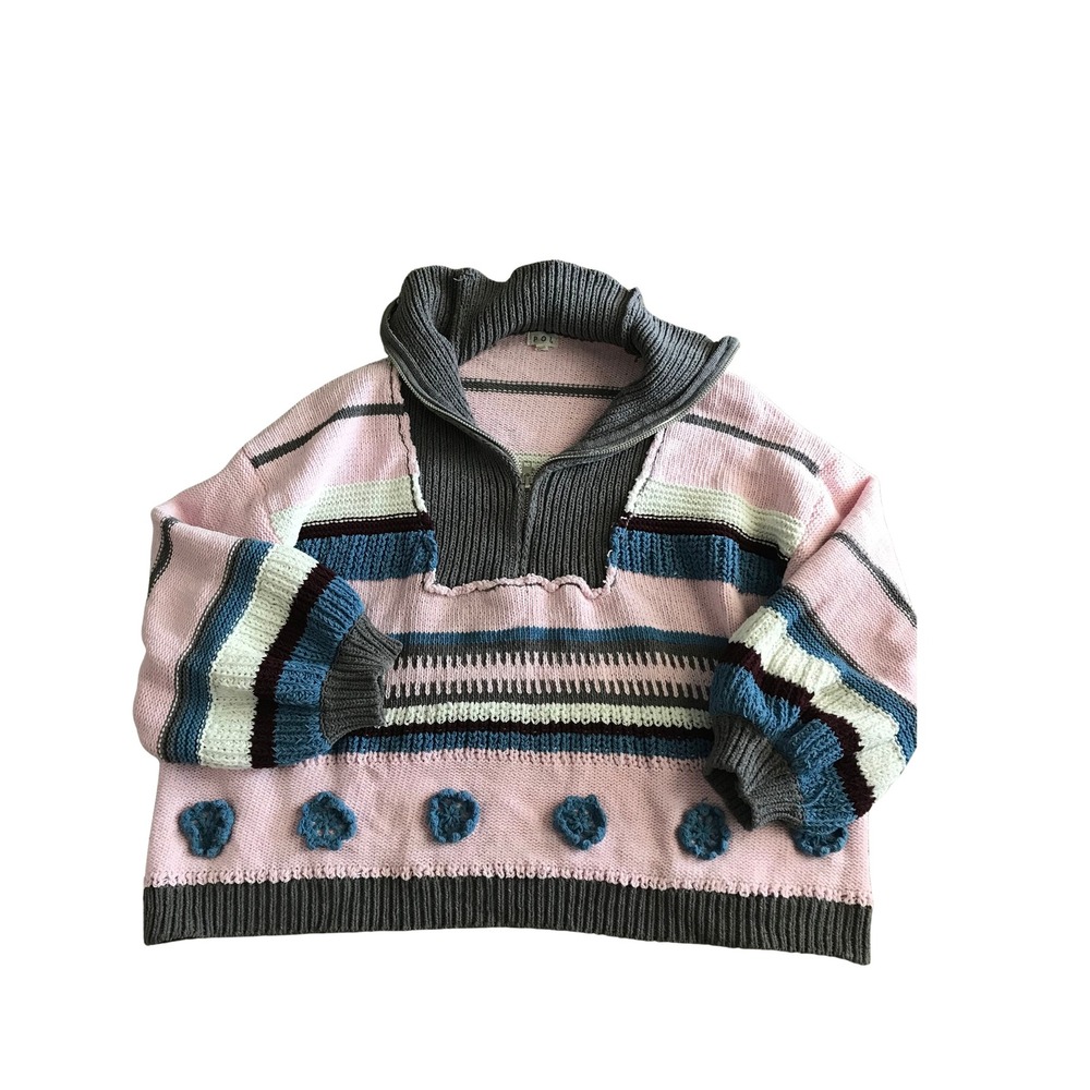 POL Clothing Pink Striped Quarter Zip Sweater Crochet Floral Applique Boho Small